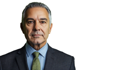 Serious senior businessman looking assertive on transparent background