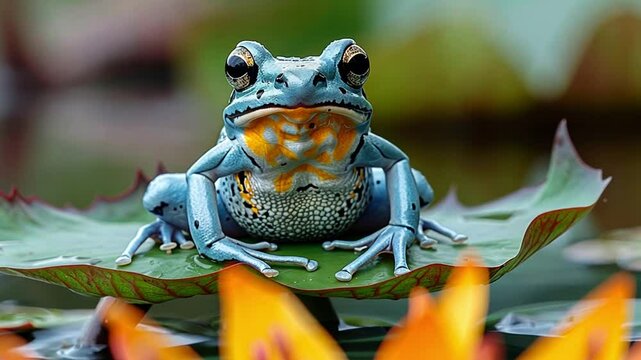 a frog on a lotus leaf in a swamp footage