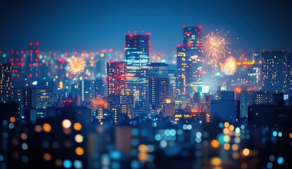 Fototapeta premium Stunning Night Skyline of a Modern City with Colorful Fireworks Display Illuminating Skyscrapers and Urban Life with Bright Bokeh Effects