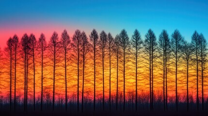 Obraz premium Vibrant sunset casting colors behind silhouetted trees in a tranquil landscape. Generative AI