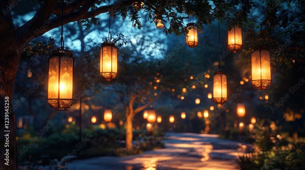 Poster warm lanterns illuminate a tranquil garden pathway at dusk creating a serene atmosphere. generative 