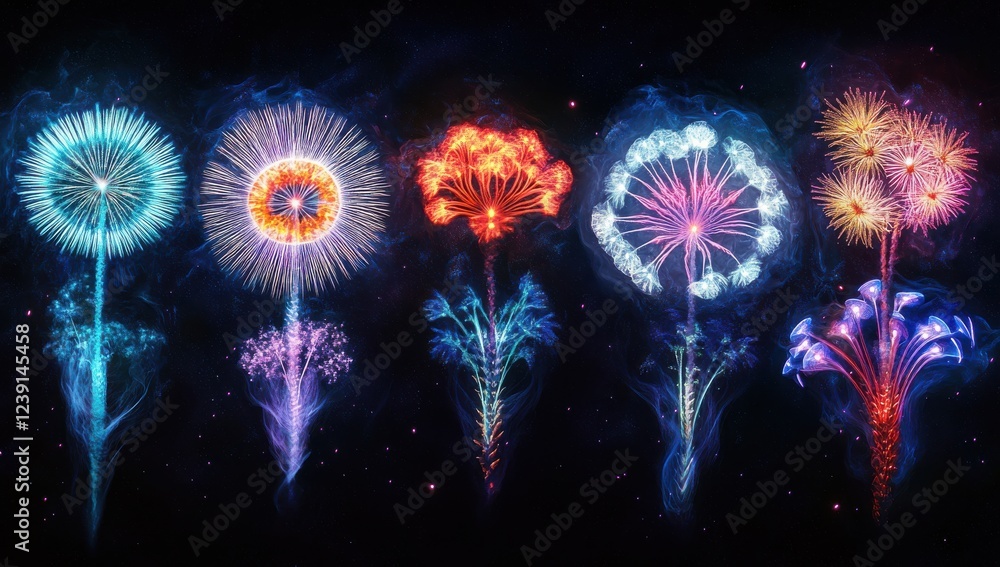Poster stunning visual display of colorful fireworks with unique patterns and shapes illuminating the night