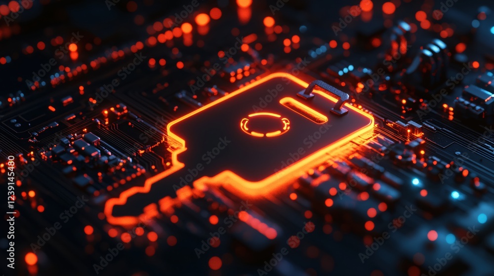 Poster glowing key shape on a dark circuit board with red and blue lights in a digital style