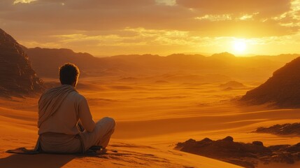 Serenity of a man watching the sunset over the vast desert landscape during golden hour. Generative AI