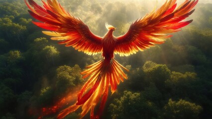 Majestic phoenix soaring above lush green forest during sunset