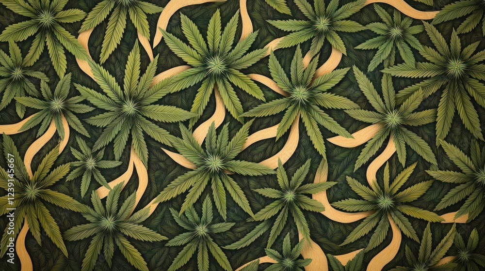 Aufkleber vibrant green cannabis leaves create a dynamic pattern on a dark background in this artwork. generat