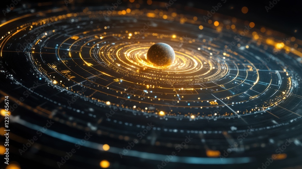 Poster futuristic sci-fi digital universe with glowing orb and complex patterns