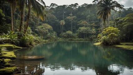closeup of a pond on a rainforest background