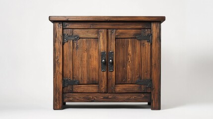 Rustic wooden cabinet with iron hinges and handles on white background