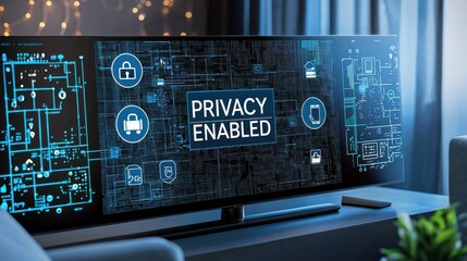 Modern TV displaying a digital privacy interface with secure symbols and "Privacy Enabled" text.