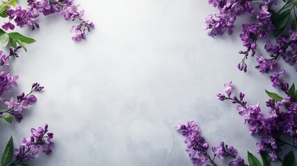 Purple lilacs arranged artfully on a soft gray background during springtime