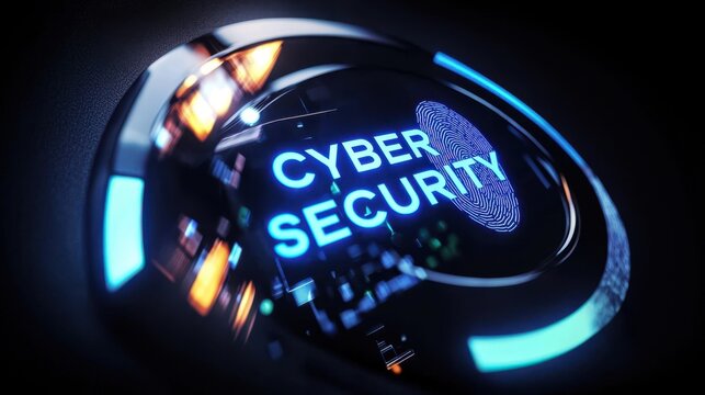 Digital representation of cyber security with a fingerprint pattern and glowing elements.