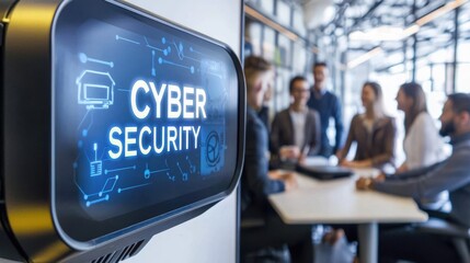 Digital display showcasing cybersecurity with a team meeting in the background.
