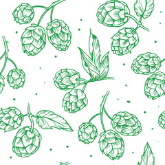 Hops plant hand drawn vector seamless pattern