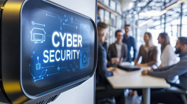 Digital display showcasing cybersecurity with a team meeting in the background.
