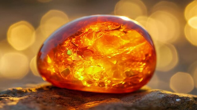 Close up view of three vibrant orange fire opals on a dark surface, with a warm, bokeh background