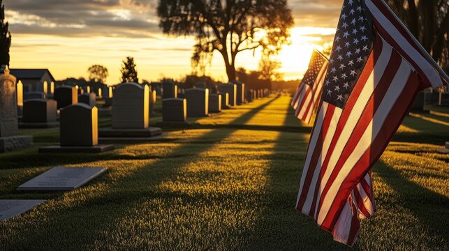 American flags waving in a military cemetery at sunset for memorial day