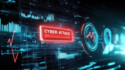 Digital representation of a cyber attack with data visualization and alerts in blue and red tones.