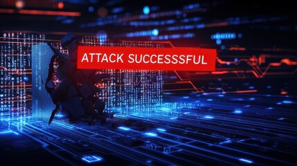 Visual representation of a successful cyber attack with digital elements and a prominent red alert message.