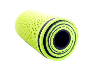Rolled up neon green yoga mat with black accents isolated on transparent background, PNG,  a perspective shot representing fitness, health, and wellness