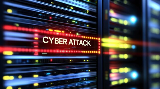 Server racks displaying alert for cyber attack with illuminated indicators and vibrant colors.