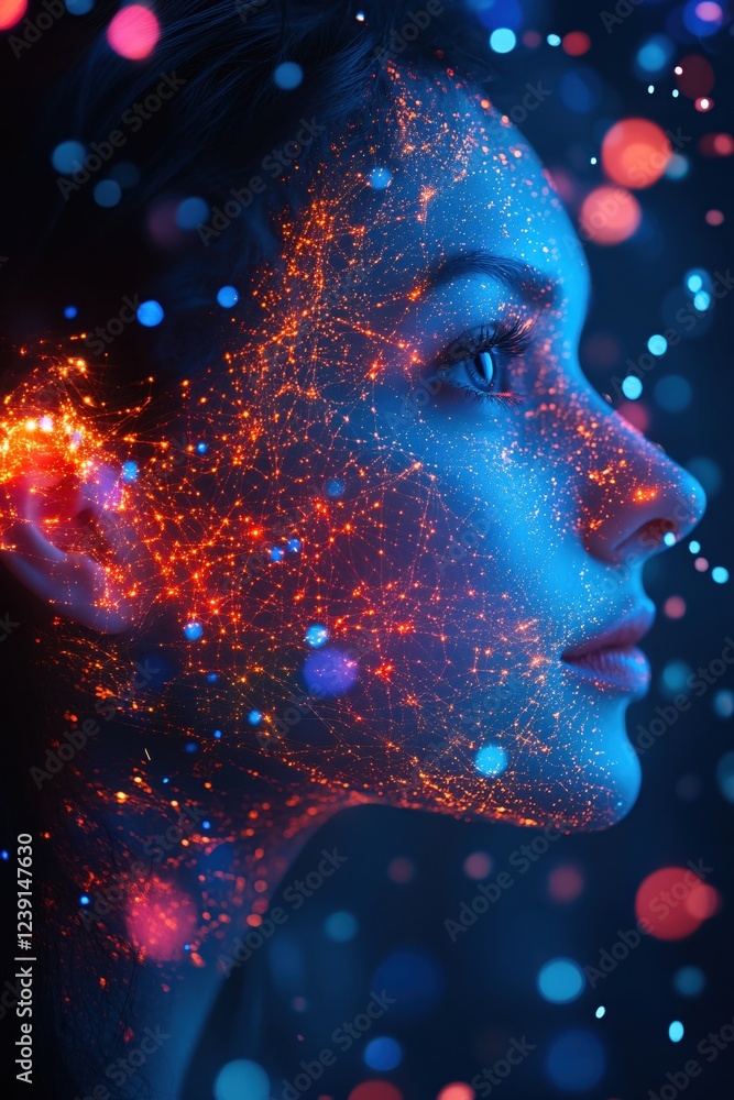Aufkleber glowing network on a profile view of a person with blue and red bokeh lights in the background