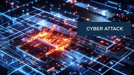 Fototapeta premium Digital representation of a cyber attack with fiery elements amidst a network of data lines.