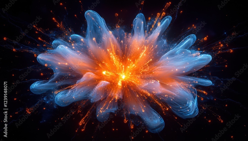 Poster vibrant abstract explosion in blue and orange colors with sparkling lights and fluid patterns agains