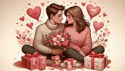 Couple in love hugging each other congratulations on Valentine's Day, Valentine's Day. illustration. created with generative AI software.