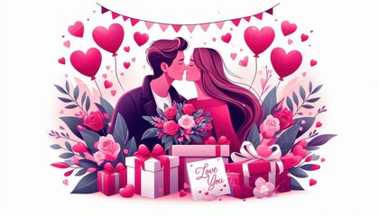 Couple in love hugging each other congratulations on Valentine's Day, Valentine's Day. illustration. created with generative AI software.