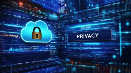 Digital representation of privacy, featuring a locked cloud icon amidst a blue data background.