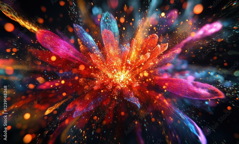 Poster vibrant abstract explosion of colorful particles and light creating a dynamic visual display in a vi