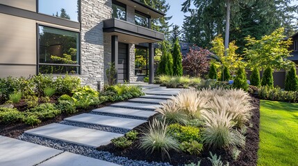 Modern home, landscaped walkway, garden, sunny day, real estate