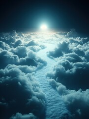 Celestial path through clouds with bright sun above a dramatic sky landscape view