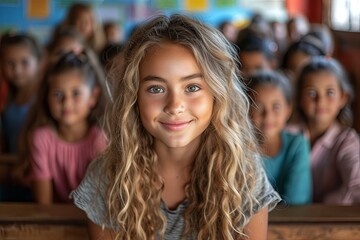 Obraz premium Girl with long hair is smiling at the camera. She is surrounded by other children at school