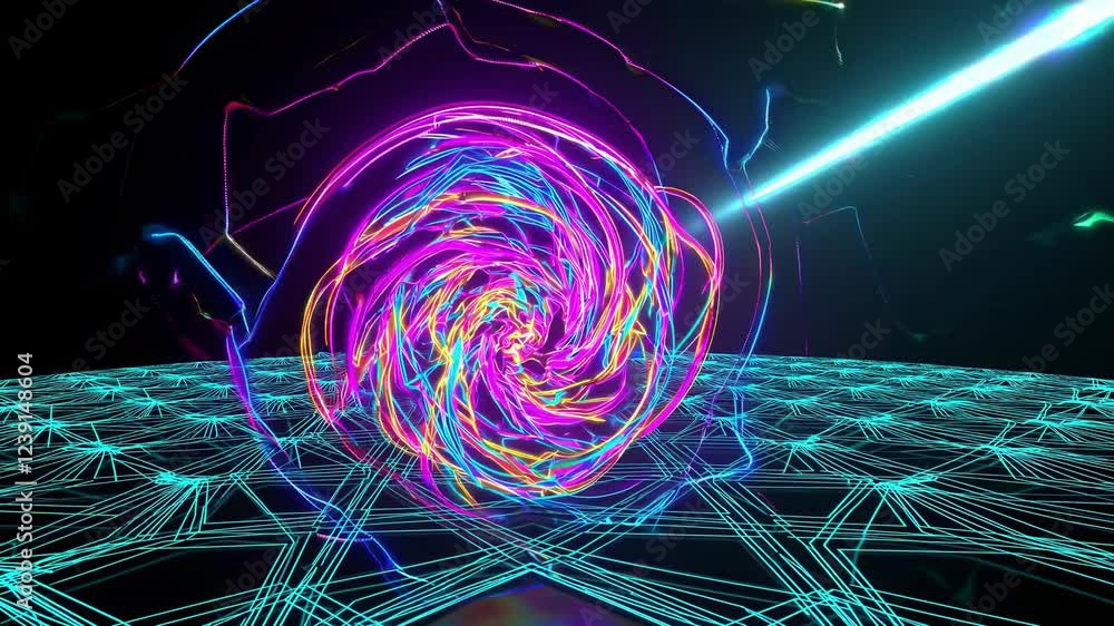 Poster colorful neon swirls glowing and rotating while light beams shine on a grid background, creating a v