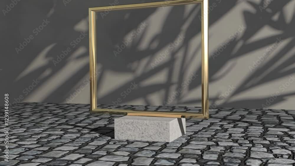 Poster golden frame standing on a granite pedestal is displaying tropical leaf shadow on a cobblestone floo