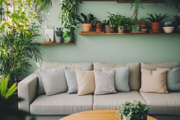 Fototapeta premium Modern living room setup featuring a cozy gray sofa adorned with decorative pillows, lush indoor plants, wooden shelves, and natural light for a warm atmosphere.