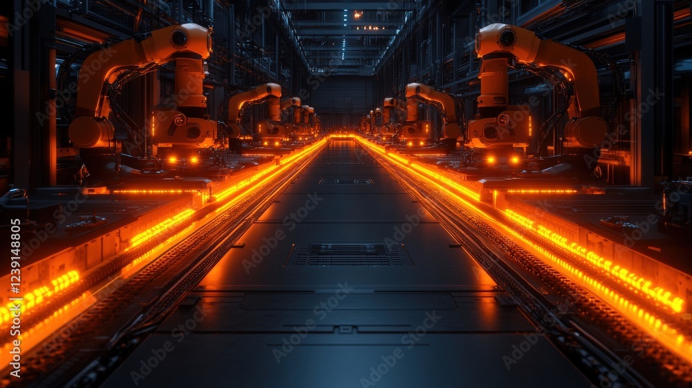 Aufkleber futuristic automated factory with robotic arms assembling products under glowing lights