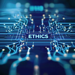 Digital circuit board with the word "ETHICS" highlighted, symbolizing technology and moral principles.