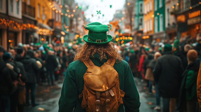 A bustling street filled with people dressed in green, with shamrocks and leprechaun hats, enjoying a lively parade of St Patrick's Day