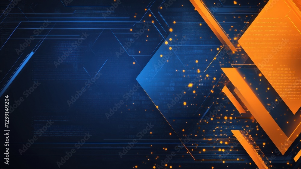 Aufkleber abstract futuristic digital background with orange geometric shapes and blue circuit patterns