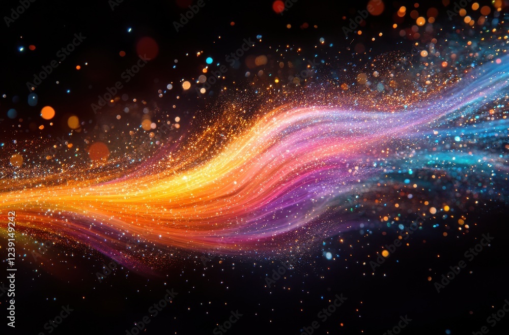 Poster vibrant abstract flow of colors with sparkling particles in a dark background, creative and dynamic 