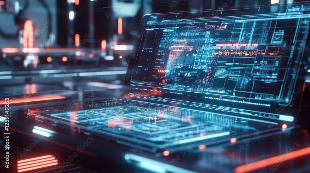 Poster futuristic transparent laptop displaying intricate schematics and code in a high tech production env