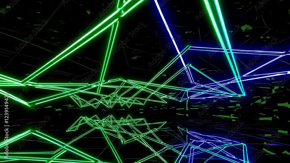 Poster green and blue neon lights are intersecting, creating complex geometric shapes, illuminating a dark 