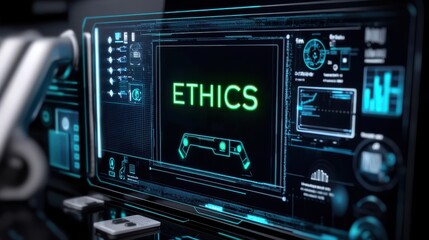 Digital dashboard displaying the word "ETHICS" with a gaming controller, emphasizing ethical gaming practices.
