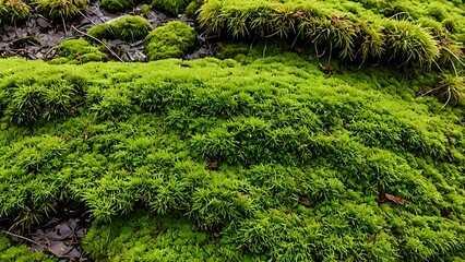 Lush green moss carpet texture background, vibrant spring nature detail.