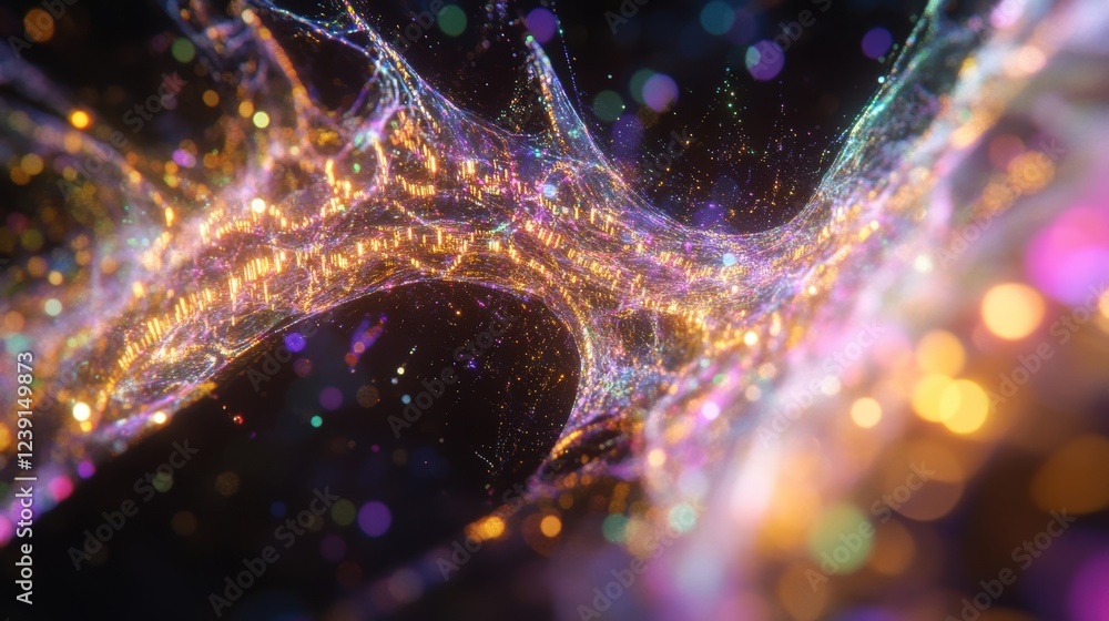 Poster glowing particles are flowing and creating a futuristic web, representing innovative production thro