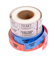 Rolls of Theatre Tickets Isolated On White With Copy Space