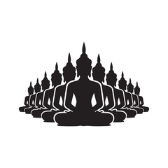 Buddha statues, silhouettes, meditation poses, zen, minimalist design, black and white 